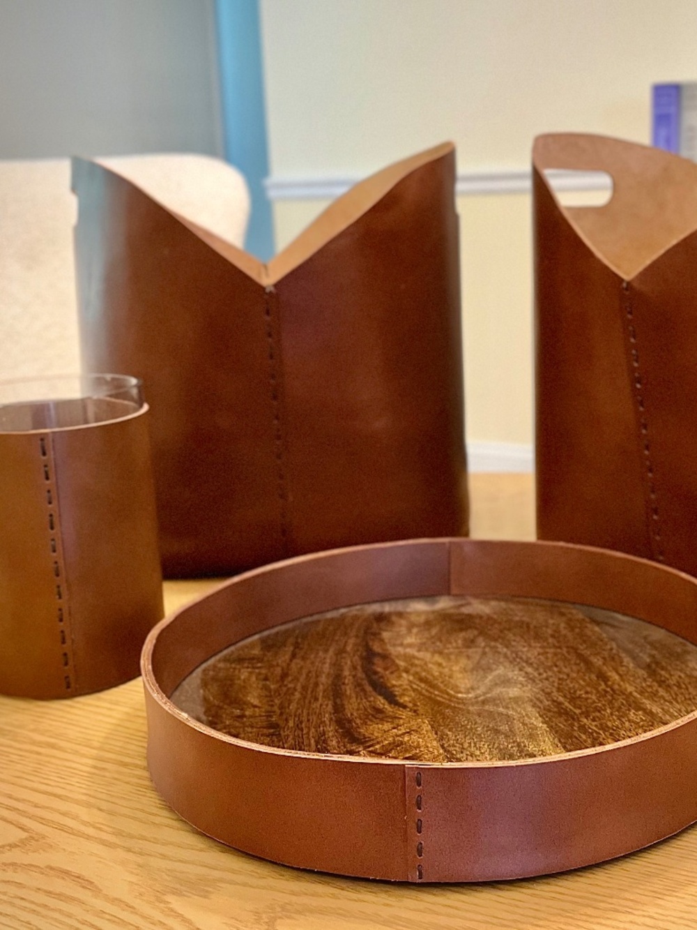 STUDIO MCGEE FULL SET LEATHER BASKET TRAY VASE